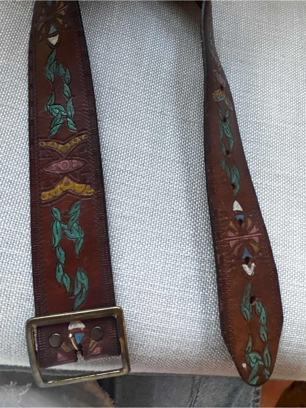 Vintage  Navajo Hand Tooled Painted Cowhide Leather Western Buckle Belt 28 Steer